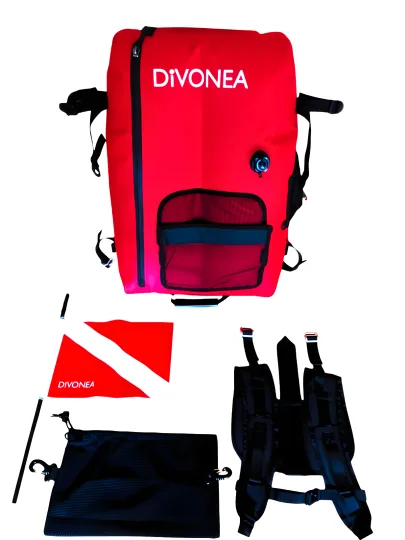 DiVONEA | 3 en 1: Mochila estanca 60 litros Convertible en Boya y Plancha de Pesca submarina - Accesorios incluidos